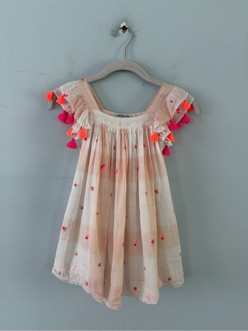 Nellystella Chloe Ditzy Pink Stripe Embroidered Tassel Cotton Girls Dress - Picture 2 of 5